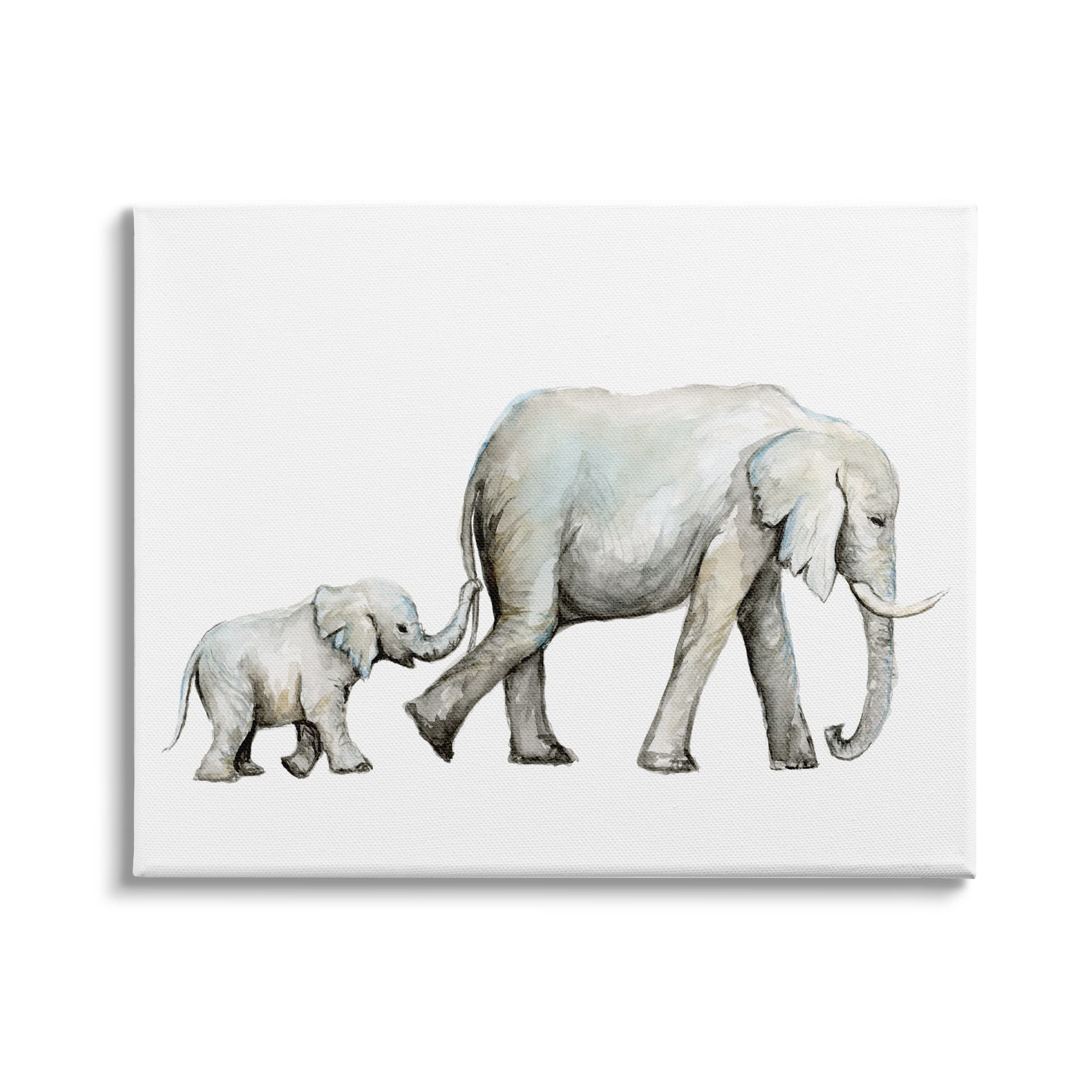Stupell Industries Baby Elephant Mother Watercolor Painting Nursery Safari Animals Canvas Wall Art